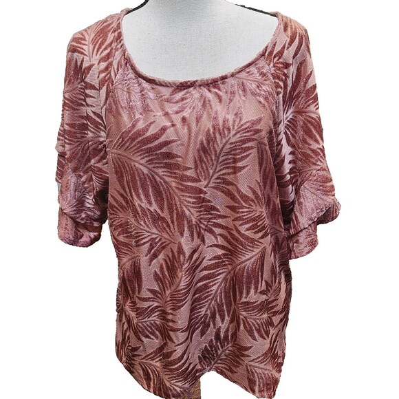 Umgee Velvet Burn Out Leaf Print Top Size Small Ruffle Sleeve - Picture 1 of 8